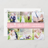 日付を保存するピンク白結婚の6枚の写真はがき 案内ポストカード (正面/裏面)