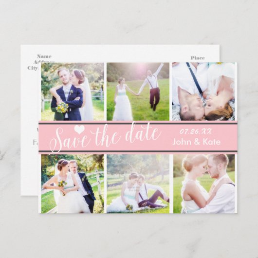 日付を保存するピンク白結婚の6枚の写真はがき 案内ポストカード (正面/裏面)