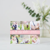 日付を保存するピンク白結婚の6枚の写真はがき 案内ポストカード (スタンド正面)