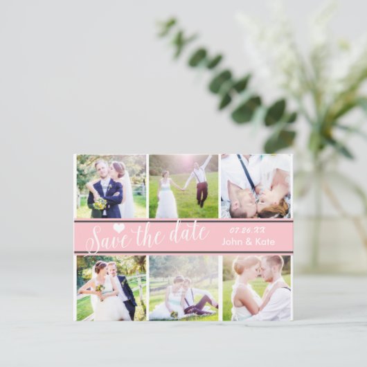日付を保存するピンク白結婚の6枚の写真はがき 案内ポストカード (スタンド正面)