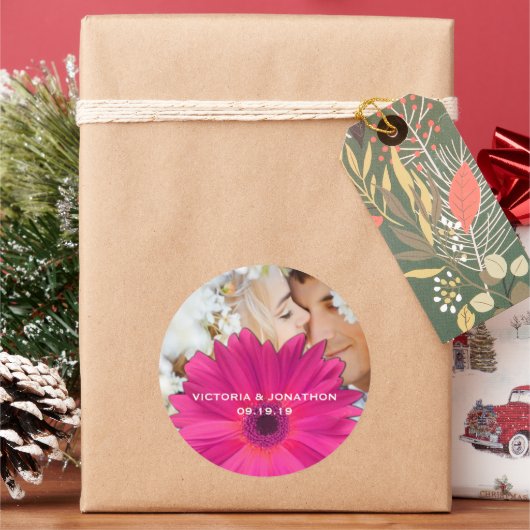 日付を保存するフォトピンクガーベラデイジー 結婚 ラウンドシール (クリスマス)