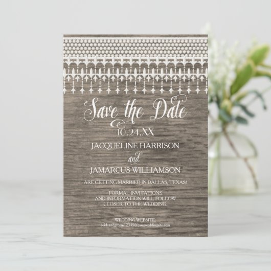 日付を保存するフォトレ素朴ースの木製フェンス 招待状 (スタンド正面)