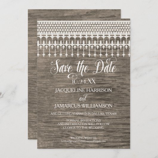 日付を保存するフォトレ素朴ースの木製フェンス 招待状 (正面/裏面)