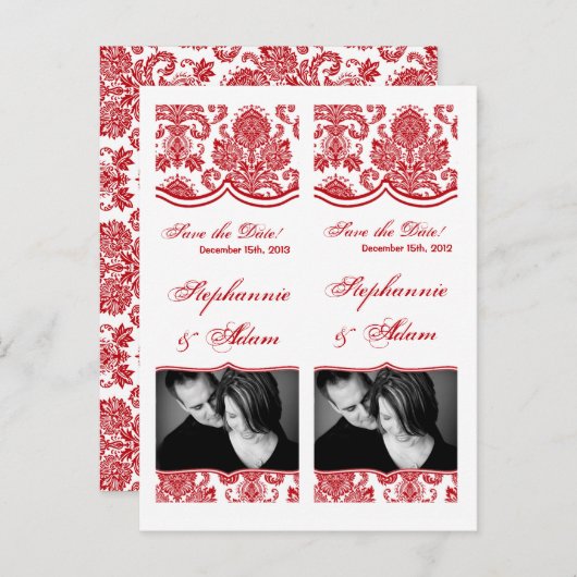 日付を保存するブックマーク赤いホワイトダマスクを好む 案内ポストカード (正面/裏面)