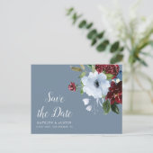 日付を保存するブルゴーニュの埃っぽいブルーのフローラ ポストカード (スタンド正面)