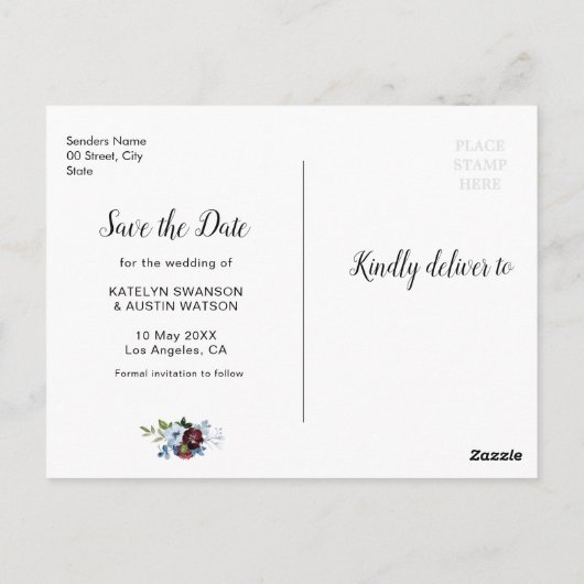 日付を保存するブルゴーニュの埃っぽいブルーのフローラ ポストカード (裏面)