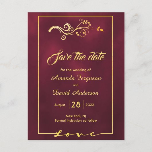 日付を保存するブルゴーニュ金ゴールド結婚の装飾 案内ポストカード (正面)