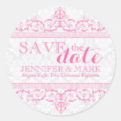 日付を保存するホワイトダマスクとピンクレース ラウンドシール (正面)