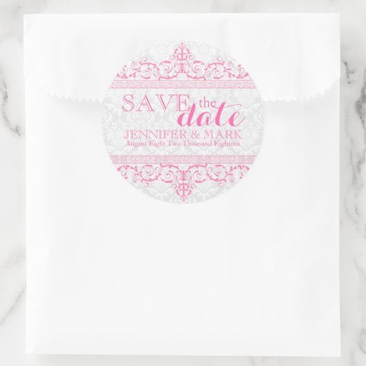 日付を保存するホワイトダマスクとピンクレース ラウンドシール (バッグ)