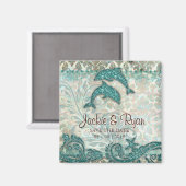 日付を保存するマグネットドルフィンカップルヴィンテージティール(緑がかった色) マグネット (正面/裏面)