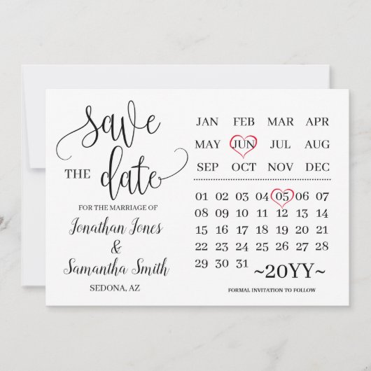 日付を保存するミニマルモダン結婚カレンダー 招待状 (正面)