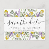 日付を保存するレモン&ラベンダー結婚 ポストカード (正面)