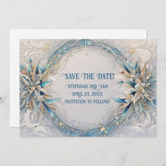 日付を保存するロマンチックなアールデコリース 招待状 (正面/裏面)