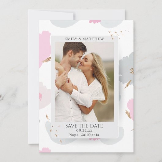 日付を保存するロマンチックなカップルグリッターフローラ写真 セーブザデート (正面)