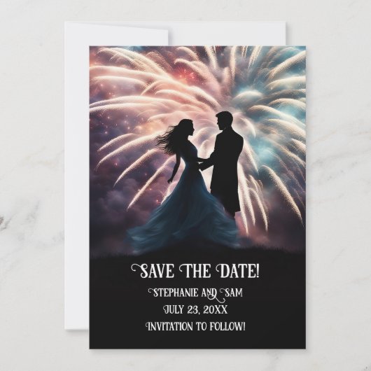 日付を保存するロマンチックなカップル踊り花火 招待状 (正面)
