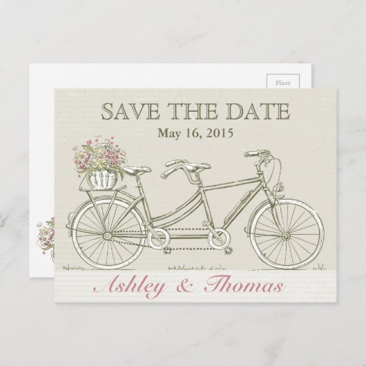 日付を保存するヴィンテージタンデム自転車 案内ポストカード (正面/裏面)