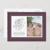 日付を保存する写真写真紫エレガントな結婚式 案内ポストカード (正面/裏面)