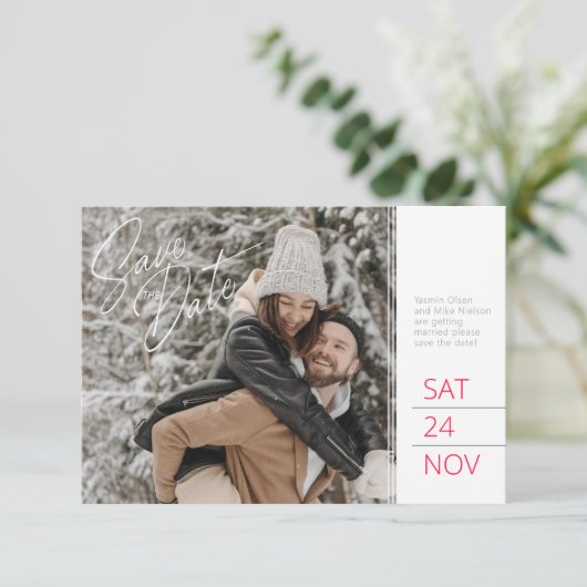 日付を保存する写真赤い灰色の白い松の円錐アート セーブザデート (スタンド正面)