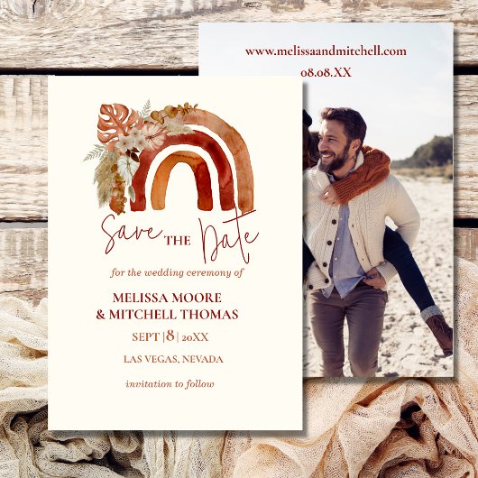 日付を保存する地球トーンboho rainbowフローラ 招待状