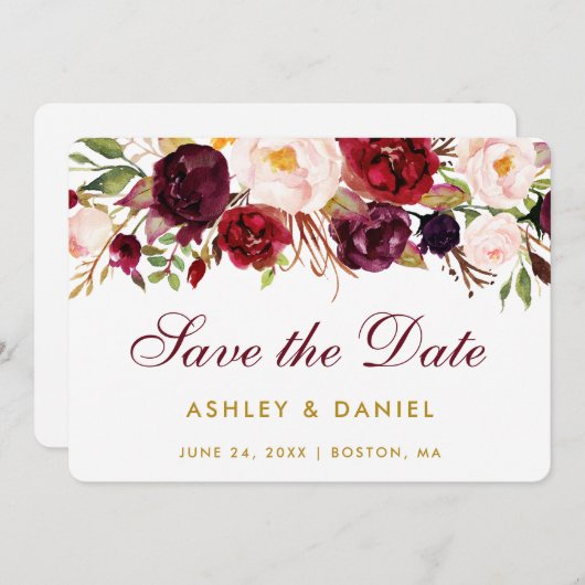 日付を保存する水彩フローラブルゴーニュ金ゴールドB セーブザデート (正面/裏面)