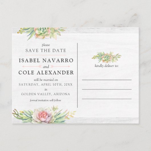 日付を保存する水色の多肉的な写真コラージュ ポストカード (正面)