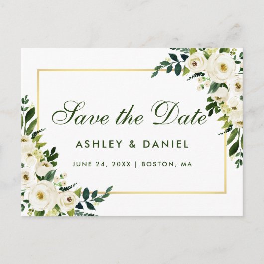 日付を保存する水色フローラ緑の白 案内ポストカード (正面)