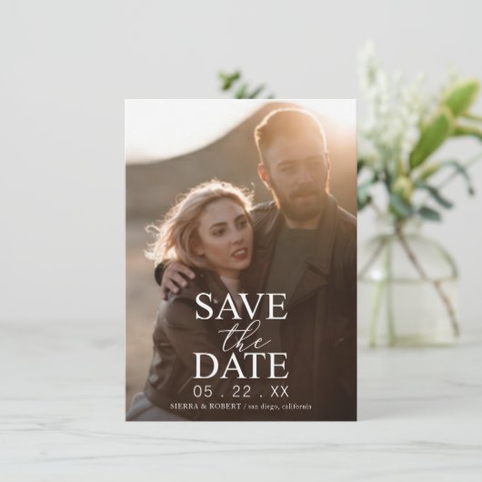 日付を保存する白い文字結婚の発表 招待状 (スタンド正面)