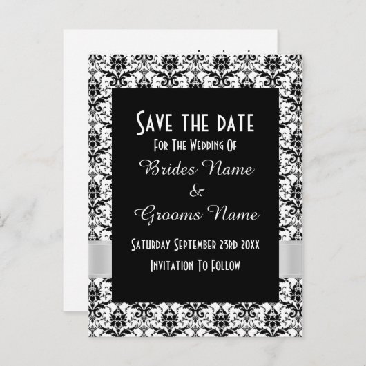 日付を保存する白黒のダマスク 案内ポストカード (正面/裏面)