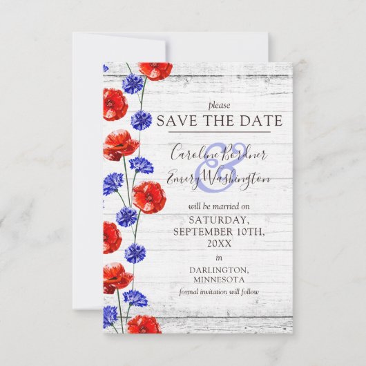 日付を保存する素朴木製の赤いポピーフローラカード 招待状 (正面)