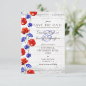 日付を保存する素朴木製の赤いポピーフローラカード 招待状 (スタンド正面)