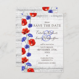 日付を保存する素朴木製の赤いポピーフローラカード 招待状