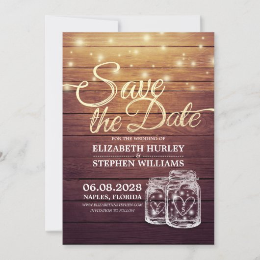 日付を保存する素朴Wood Mason Jar String Lights セーブザデート (正面)