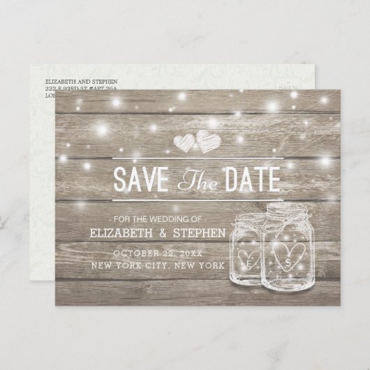 日付を保存する素朴Wood Mason Jar String Lights 案内ポストカード (正面/裏面)