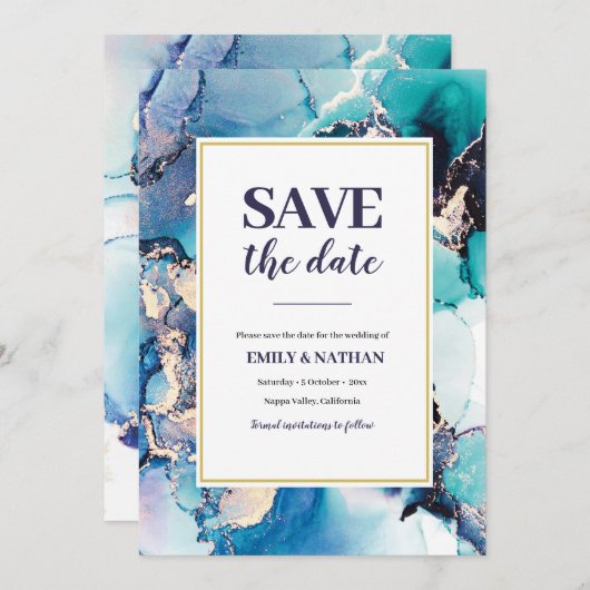 日付を保存する紫の青のインク招待状 招待状 (正面/裏面)