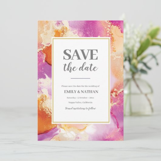 日付を保存する紫オレンジインキー招待状 招待状 (スタンド正面)