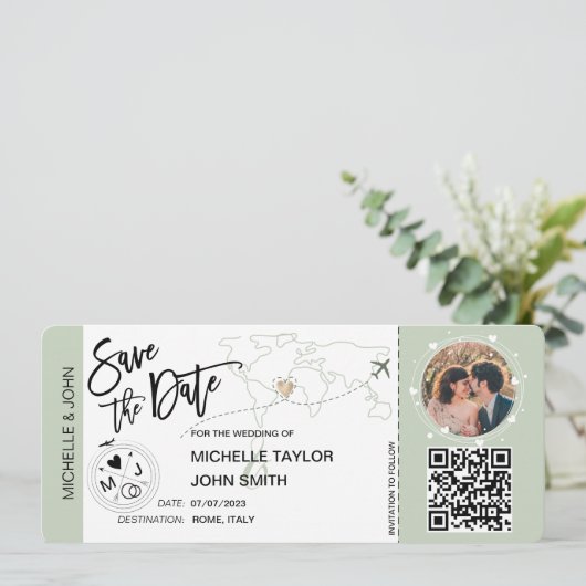 日付を保存する航空券シンプル世界地図QRコード付き 招待状 (スタンド正面)