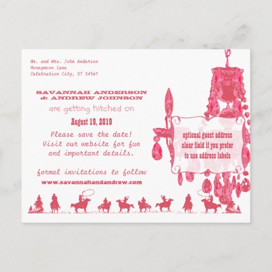 日付を保存する西ピンクカウボーイハットシャンデリア 案内ポストカード (裏面)