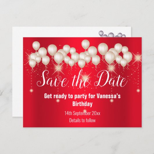 日付を保存する赤いバルーンのすべての状況を輝く 案内ポストカード (正面/裏面)