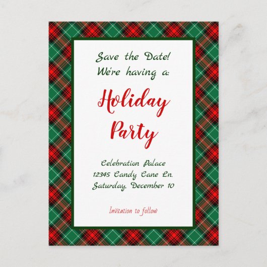 日付を保存する赤い緑の格子編集可能はがき 案内ポストカード (正面)