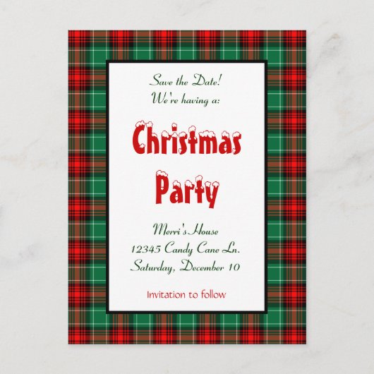 日付を保存する赤い緑の格子縞の休日 案内ポストカード (正面)