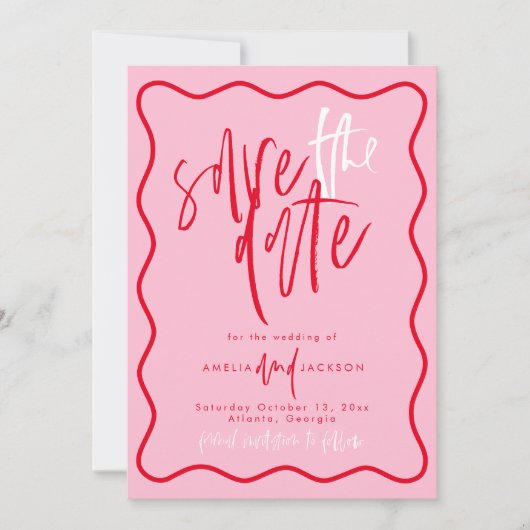 日付を保存する赤とピンクの波 招待状 (正面)