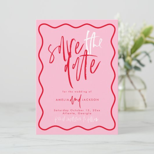 日付を保存する赤とピンクの波 招待状 (スタンド正面)