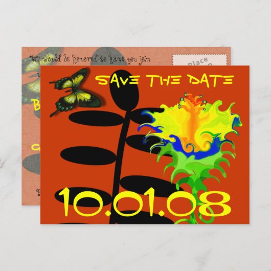 日付を保存する赤オレンジ色の黄色の緑の青 案内ポストカード (正面/裏面)