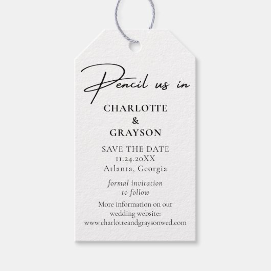 日付を保存する鉛筆白黒結婚 ギフトタグ (正面)