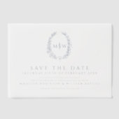 日付を保存する青い楕円モノグラ結婚ム ベラム紙招待状 (正面)