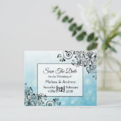 日付を保存する青と黒の装飾ツリー ポストカード (スタンド正面)