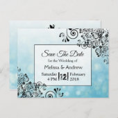 日付を保存する青と黒の装飾ツリー ポストカード (正面/裏面)