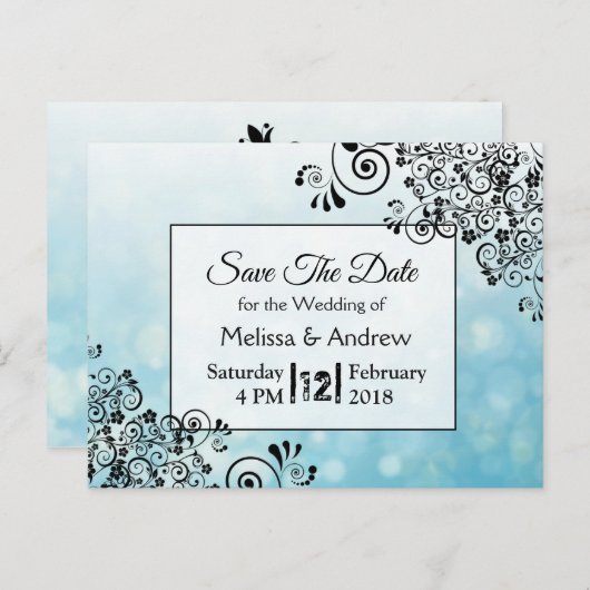 日付を保存する青と黒の装飾ツリー ポストカード (正面/裏面)