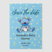 日付を保存する青テディベア赤ちゃんシャワー ベラム紙招待状 (正面)