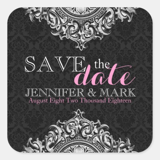 日付を保存する黒いマスクと白いフローラレース スクエアシール (正面)